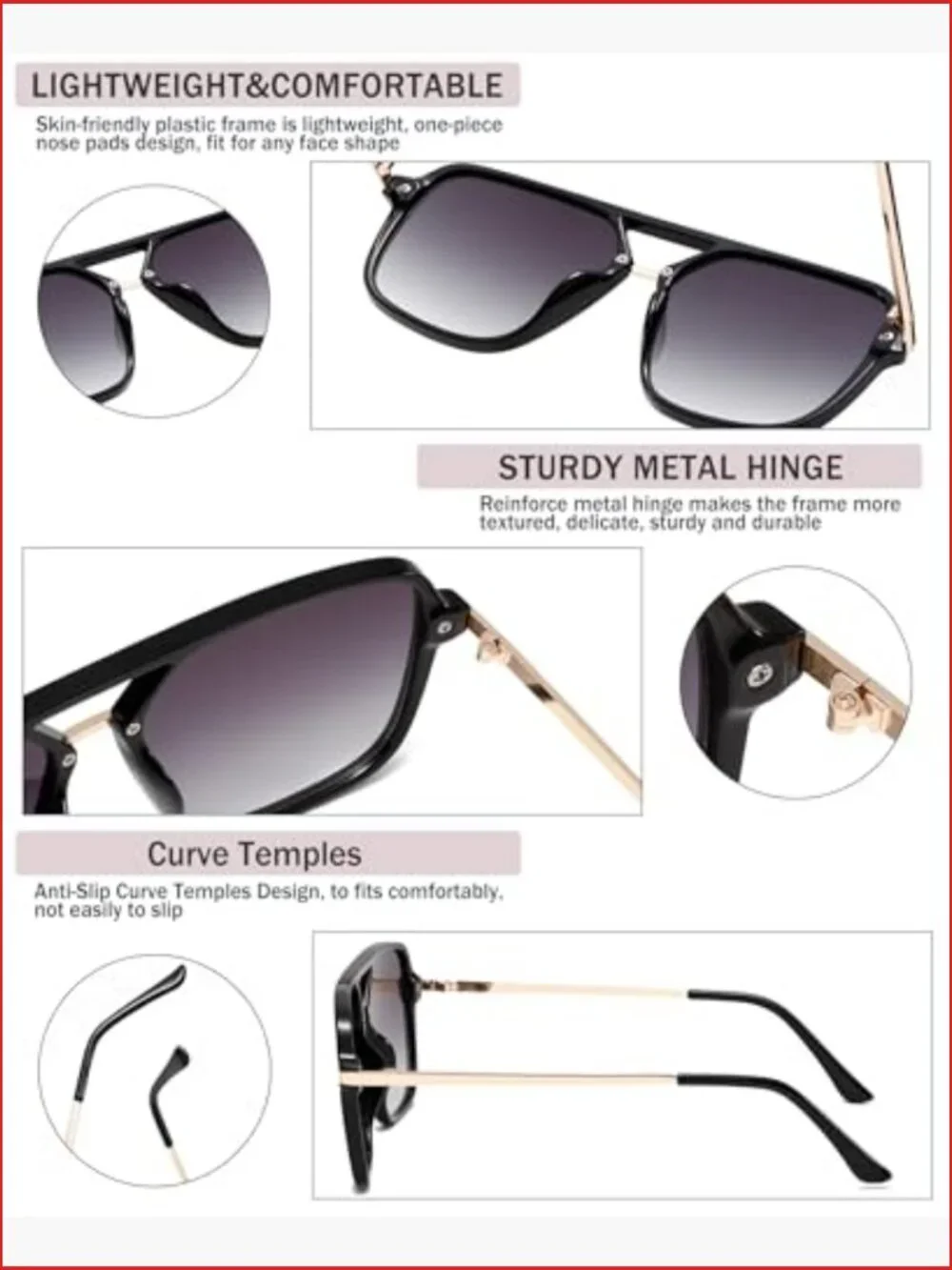 Retro Double Bridge Square Sunglasses UV400 Pilot Style Plastic Frame